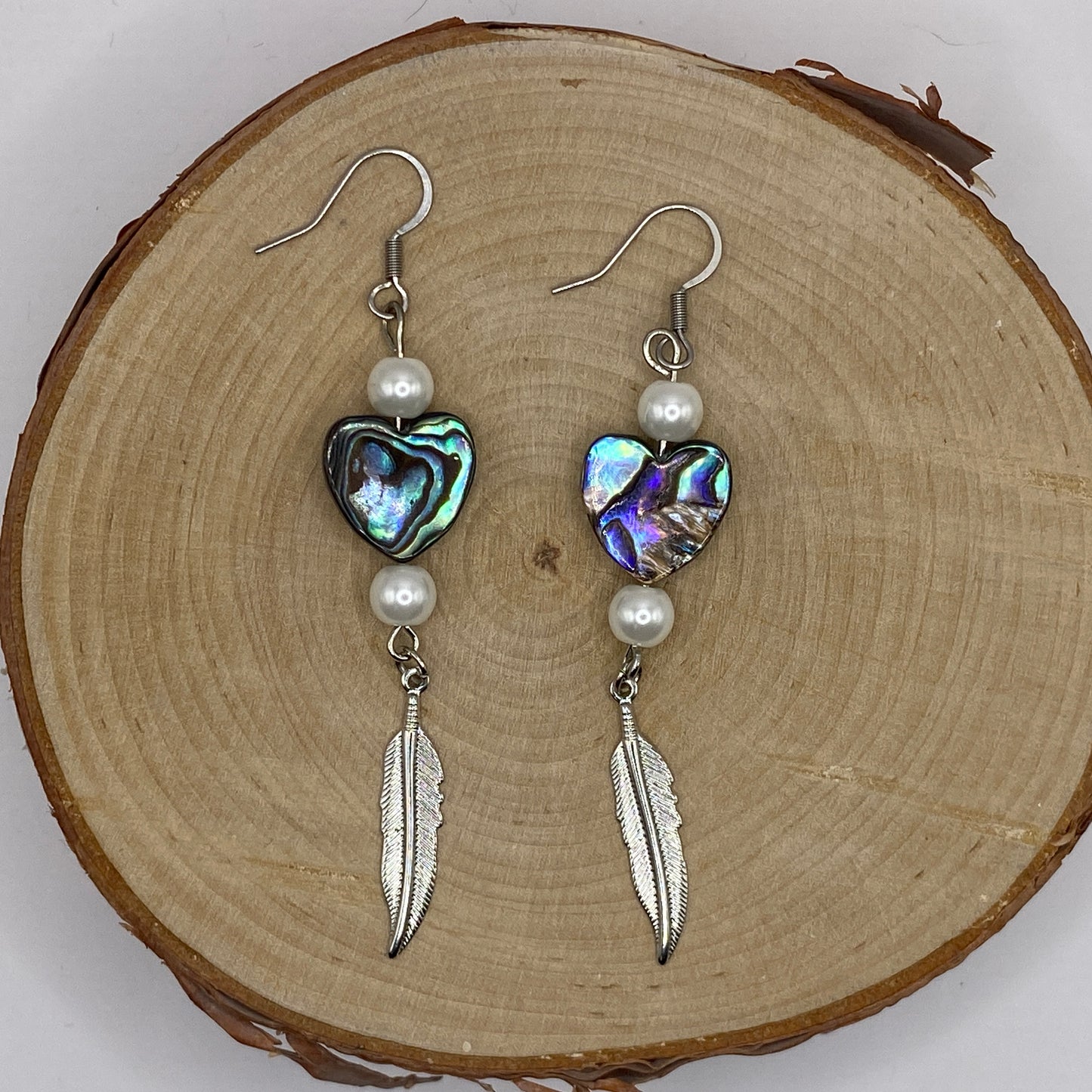 Earrings - Abalone Hearts with Feathers and Pearls