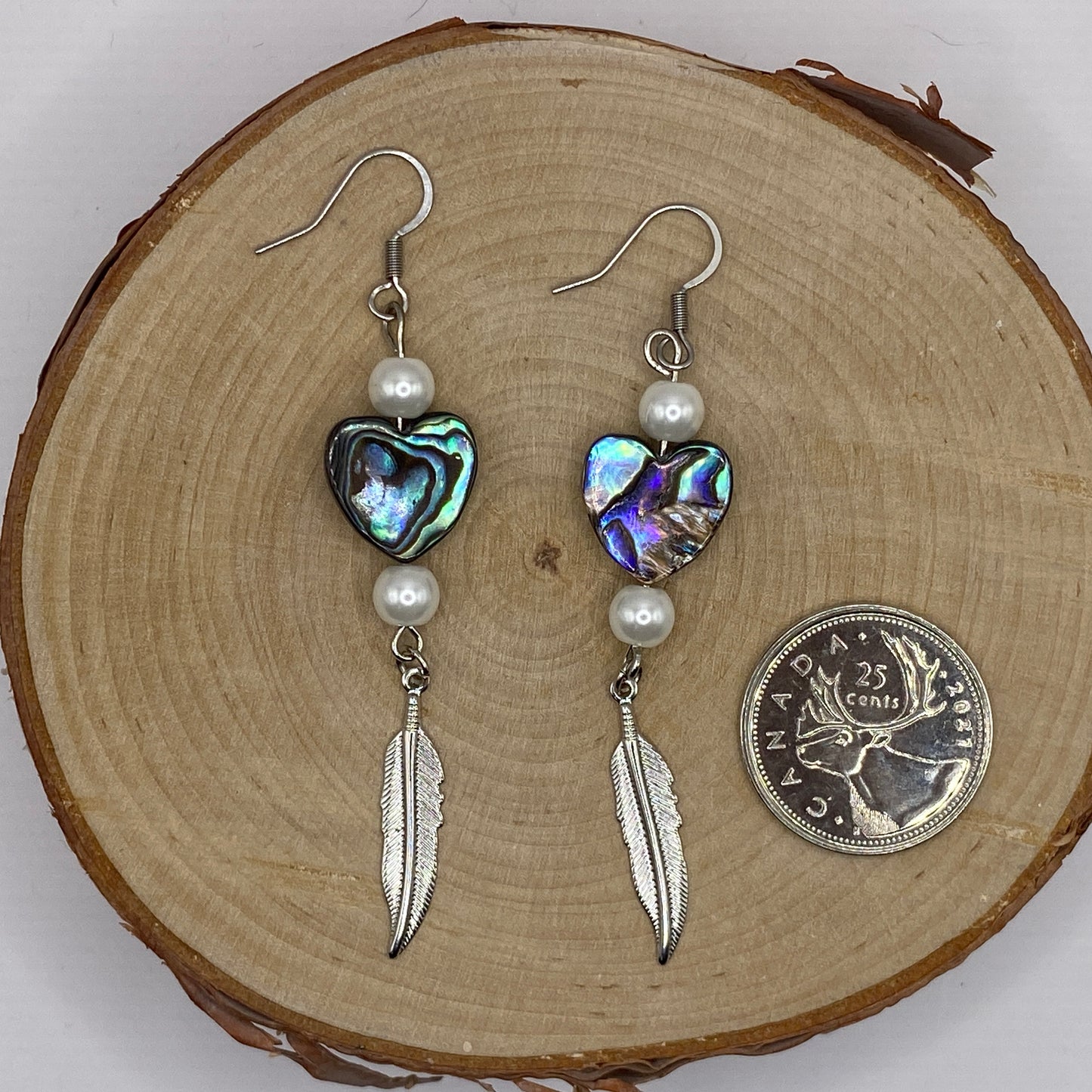 Earrings - Abalone Hearts with Feathers and Pearls