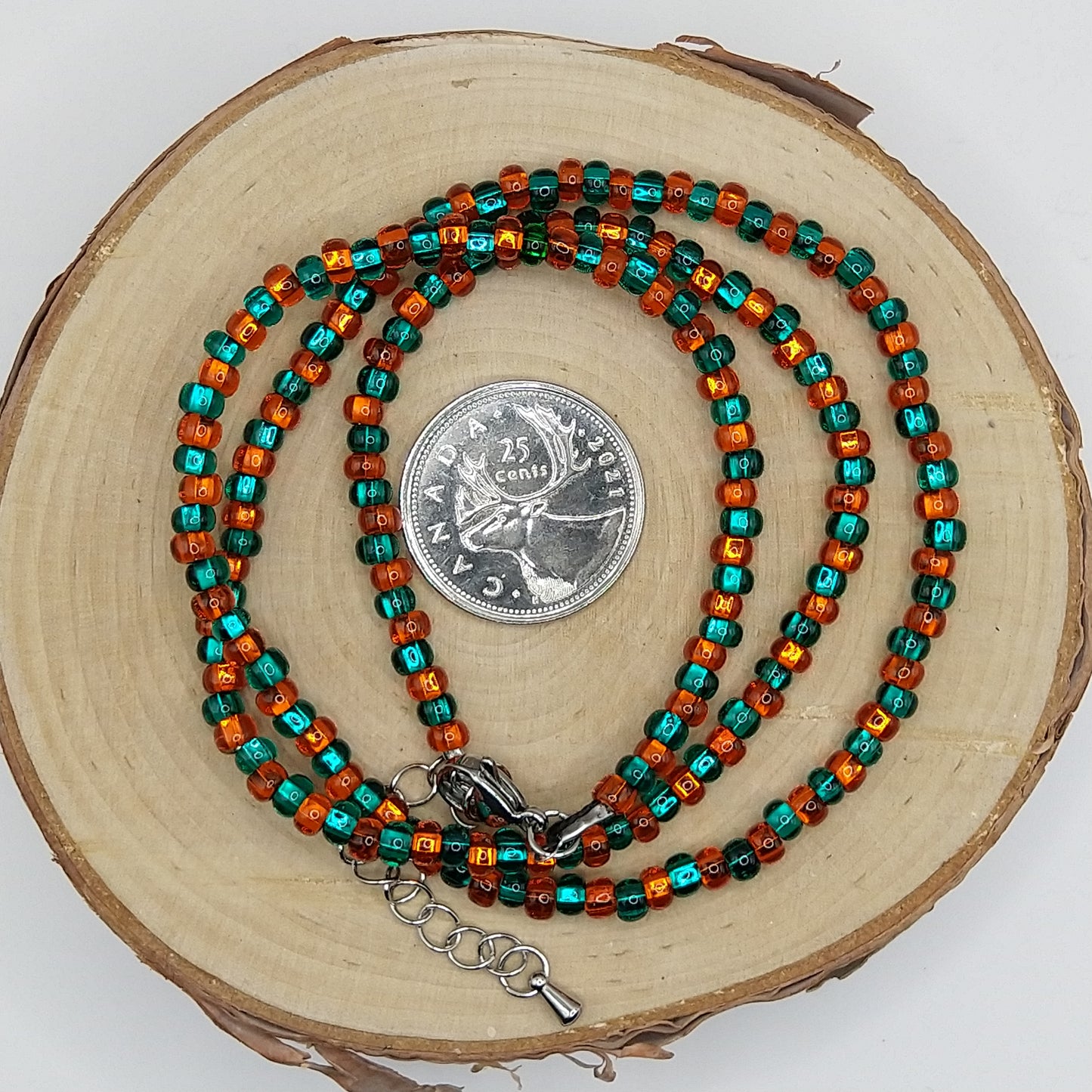 String Bead Necklace - Teal and Orange