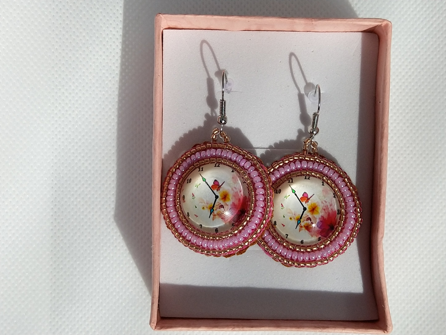 Earrings - Antique Clock Pink Flowers - tinartist - beaded jewelry