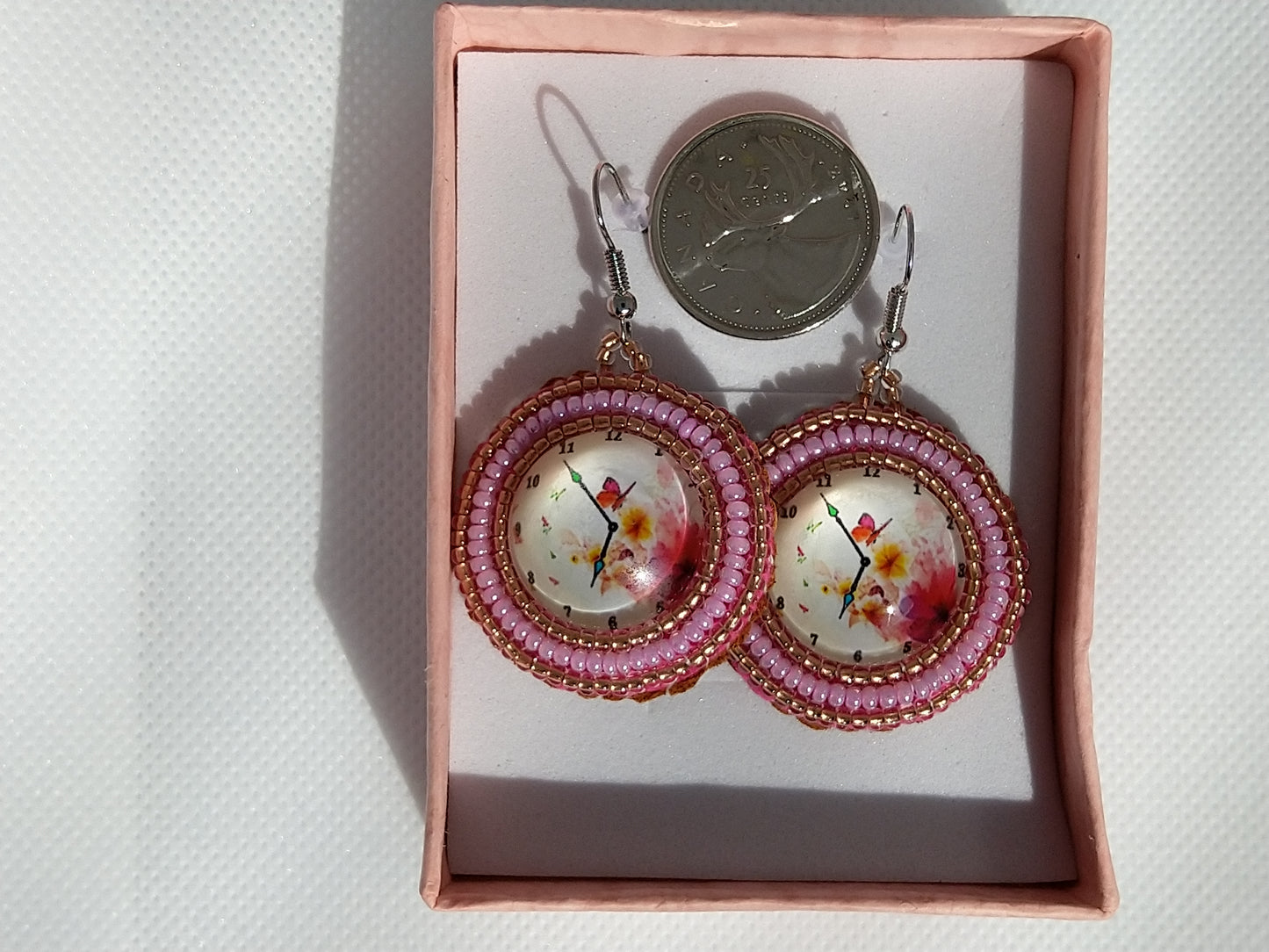 Earrings - Antique Clock Pink Flowers - tinartist - beaded jewelry