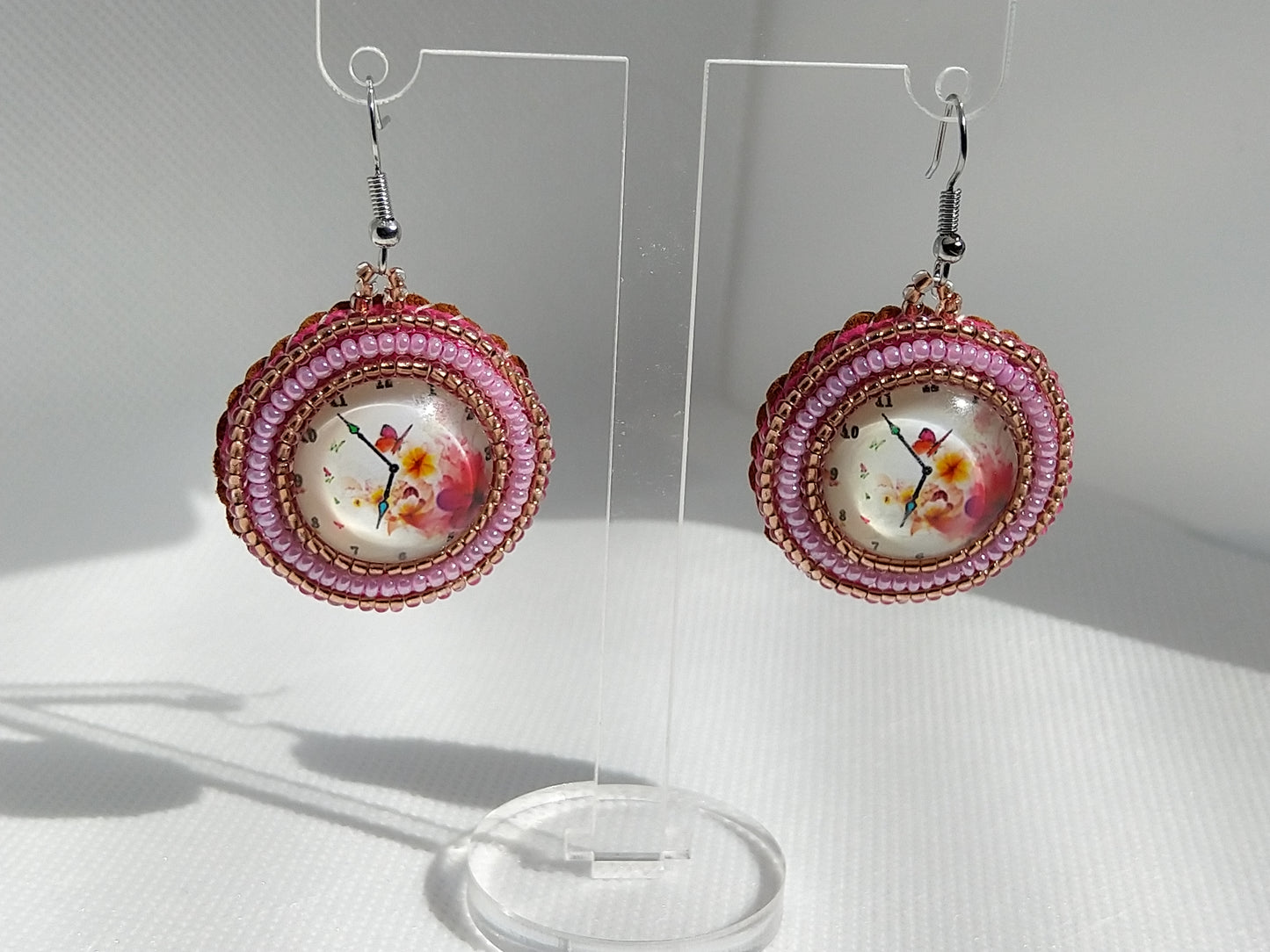Earrings - Antique Clock Pink Flowers - tinartist - beaded jewelry