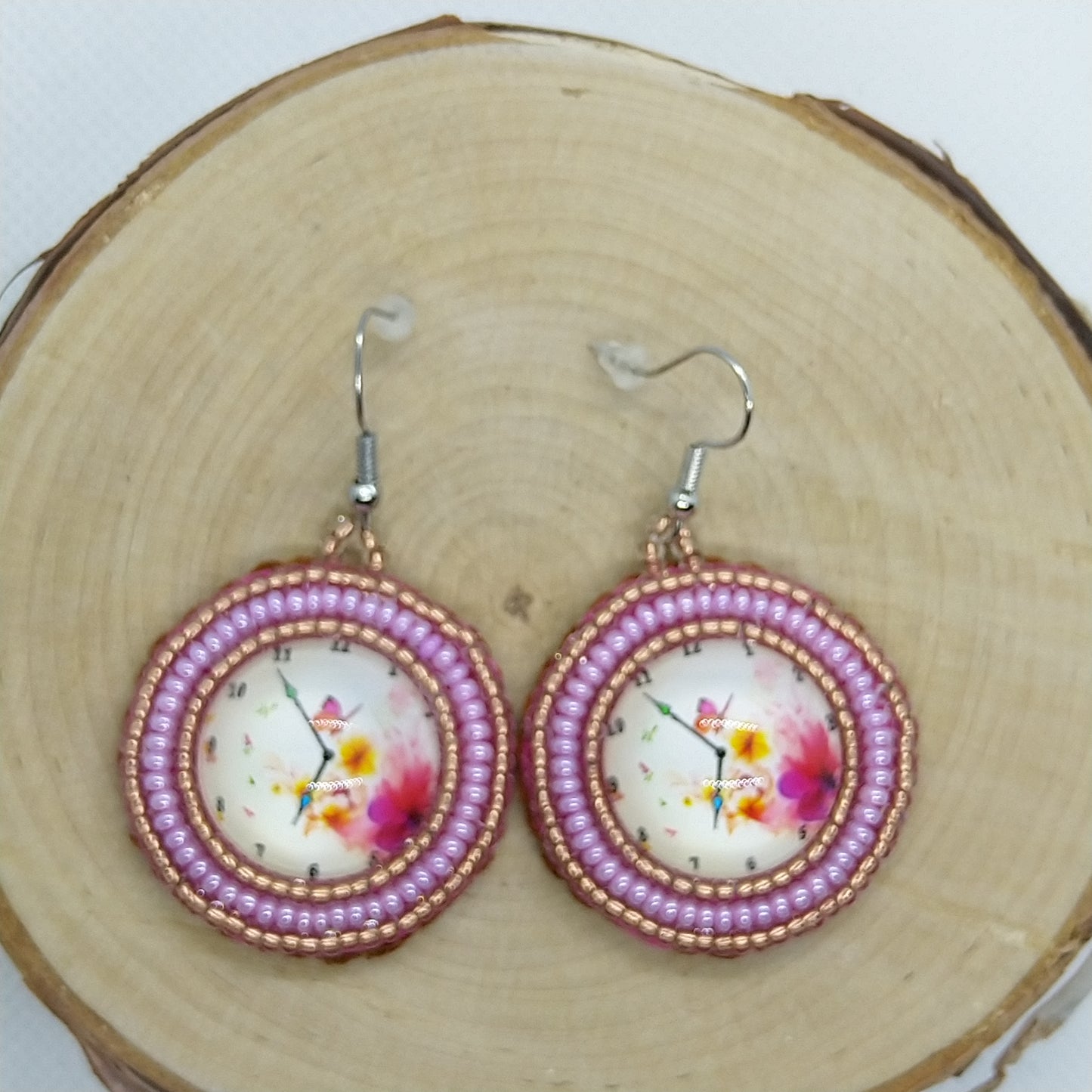 Earrings - Antique Clock Pink Flowers