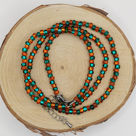 String Bead Necklace - Teal and Orange