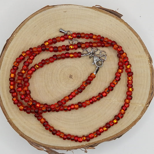 String Bead Necklace - Red Mix Silver Lined