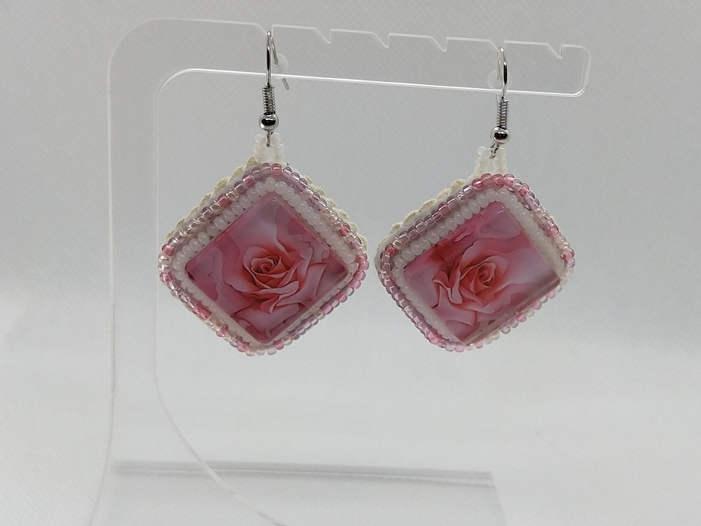 Earrings - Pink Rose - tinartist - beaded jewelry