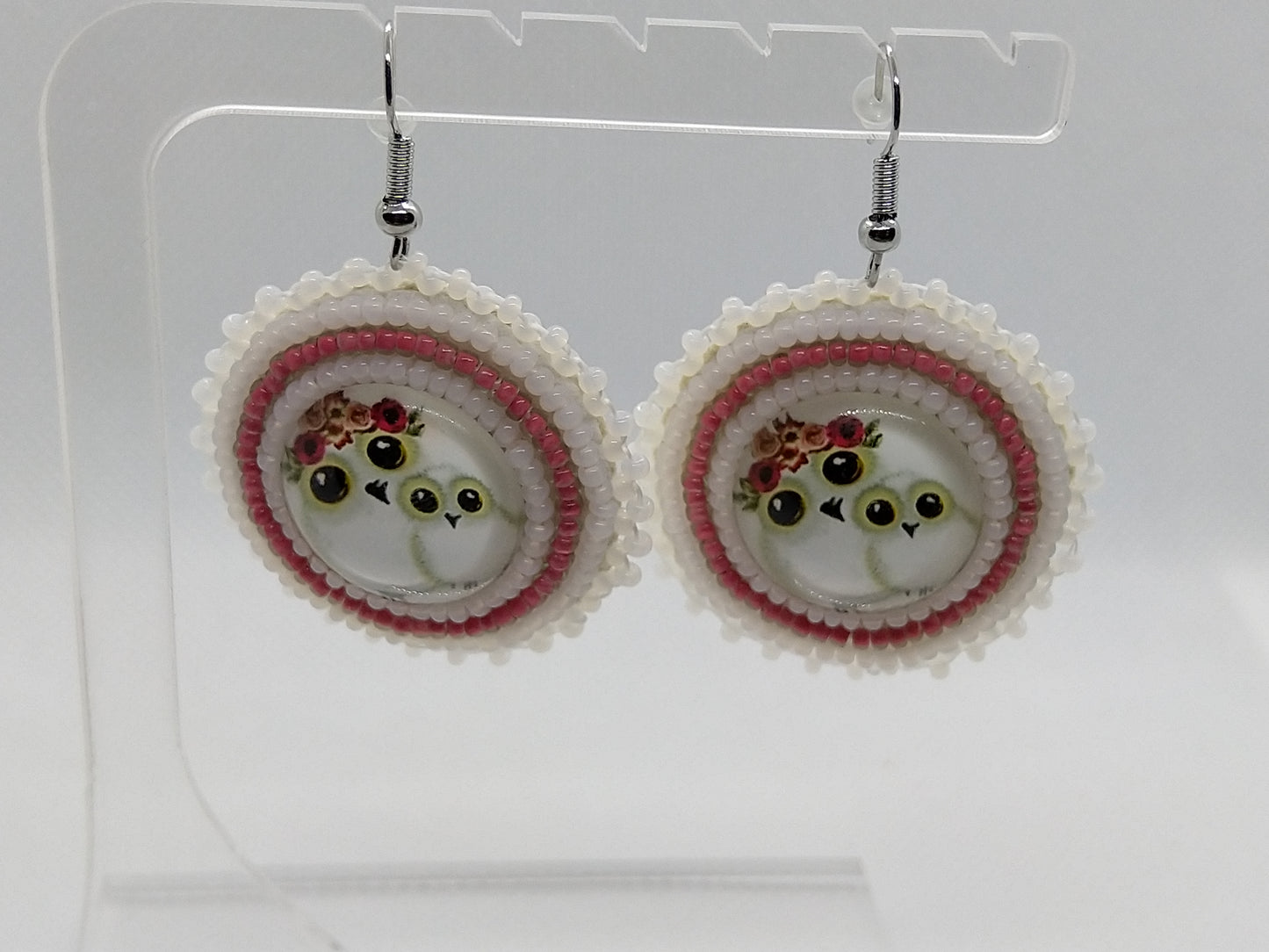 Earrings - Pink Owls - tinartist - beaded jewelry