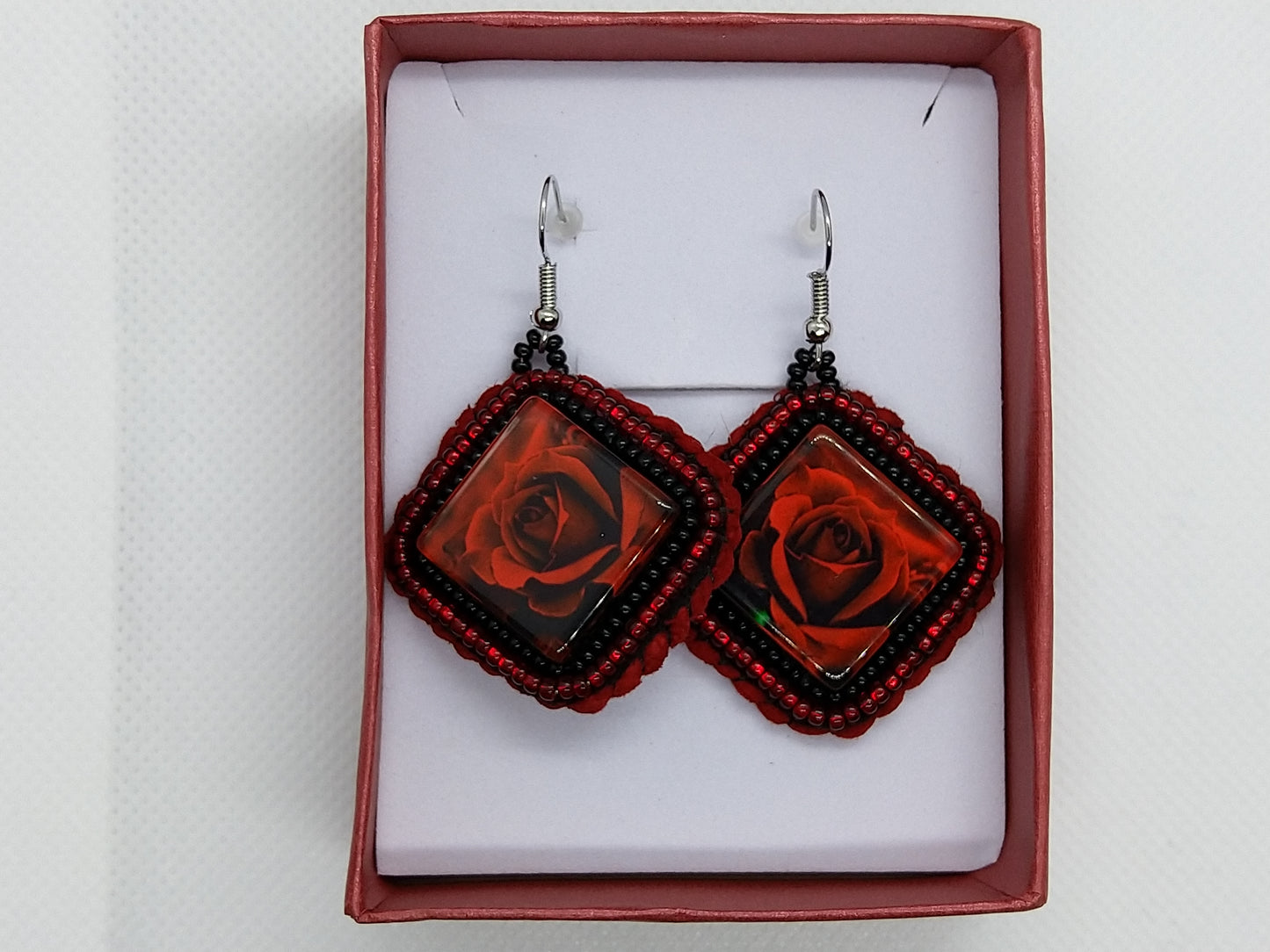 Earrings - Red Rose - tinartist - beaded jewelry