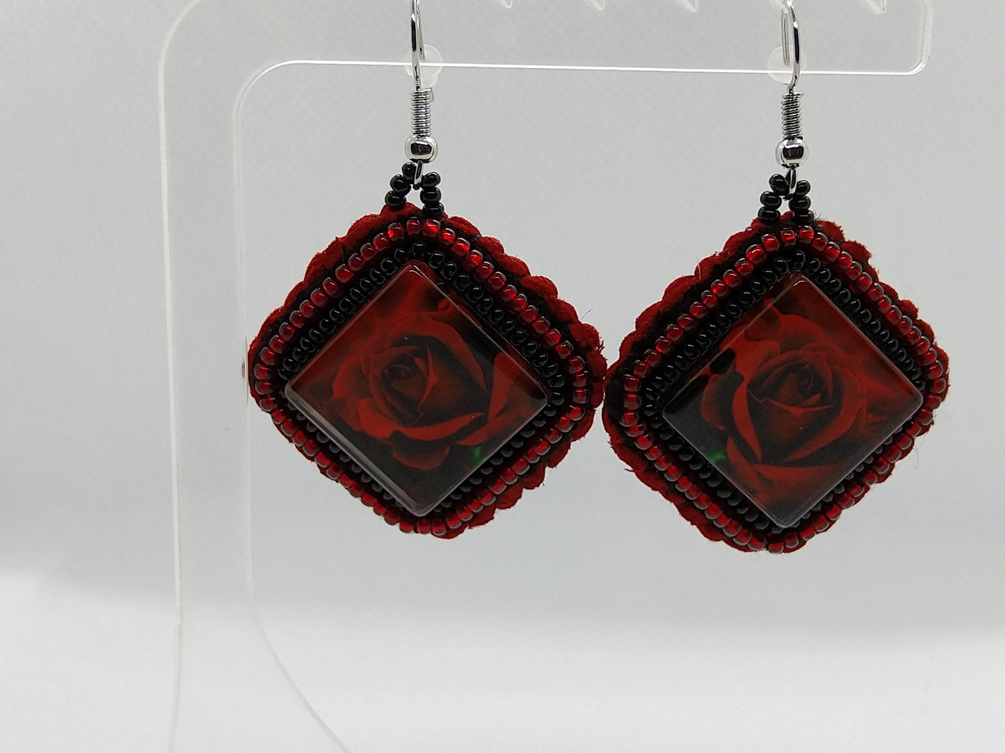 Earrings - Red Rose - tinartist - beaded jewelry