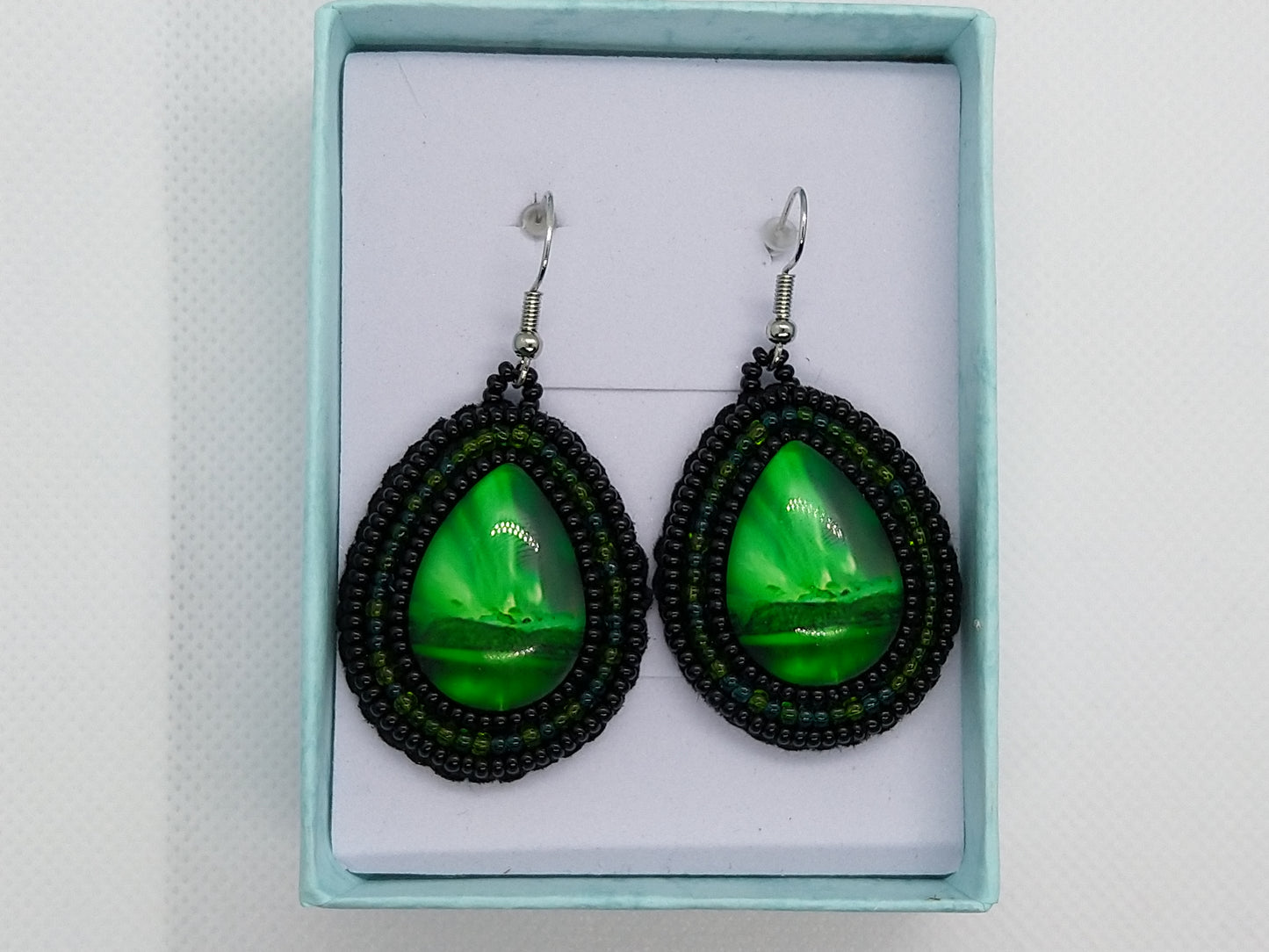 Earrings - Green Aurora Borealis - tinartist - beaded jewelry