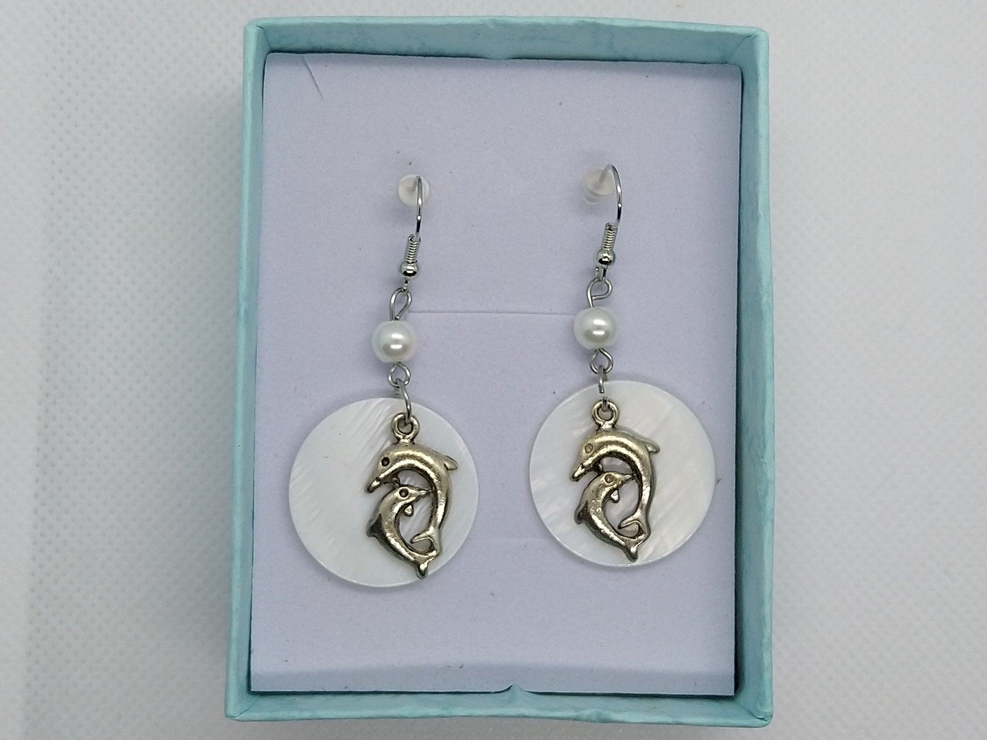 Earrings - Dolphins w/Mother of Pearl - tinartist - beaded jewelry