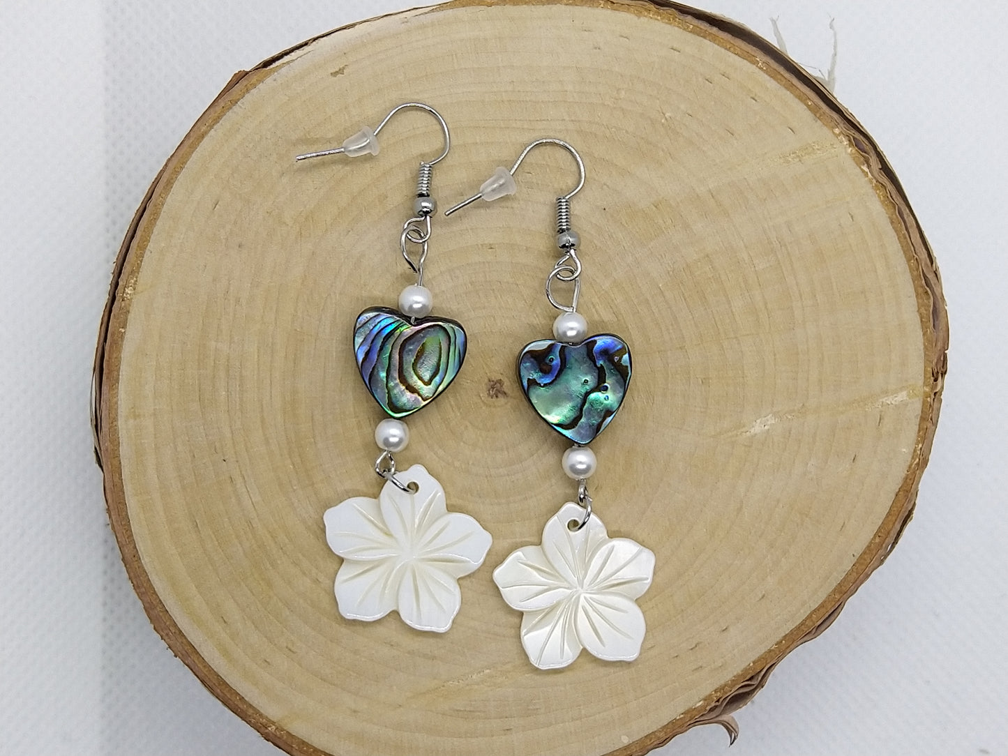 Earrings - Abalone Hearts w/ Mother of Pearl Flowers - tinartist - beaded jewelry