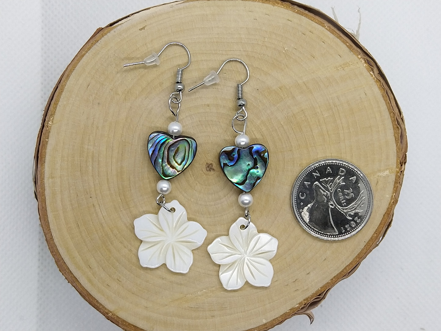 Earrings - Abalone Hearts w/ Mother of Pearl Flowers - tinartist - beaded jewelry