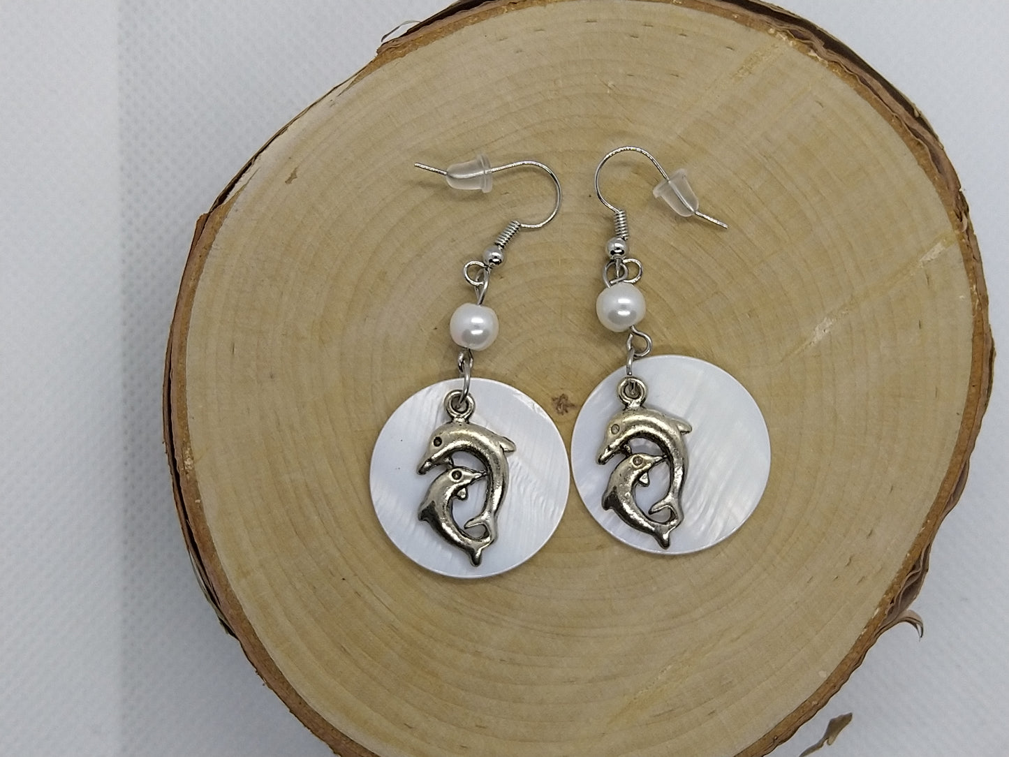 Earrings - Dolphins w/Mother of Pearl - tinartist - beaded jewelry