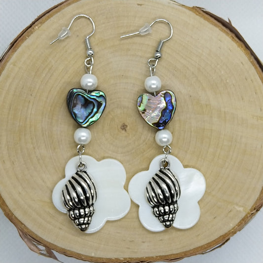 Earrings - Abalone Hearts with Flowers and Shells