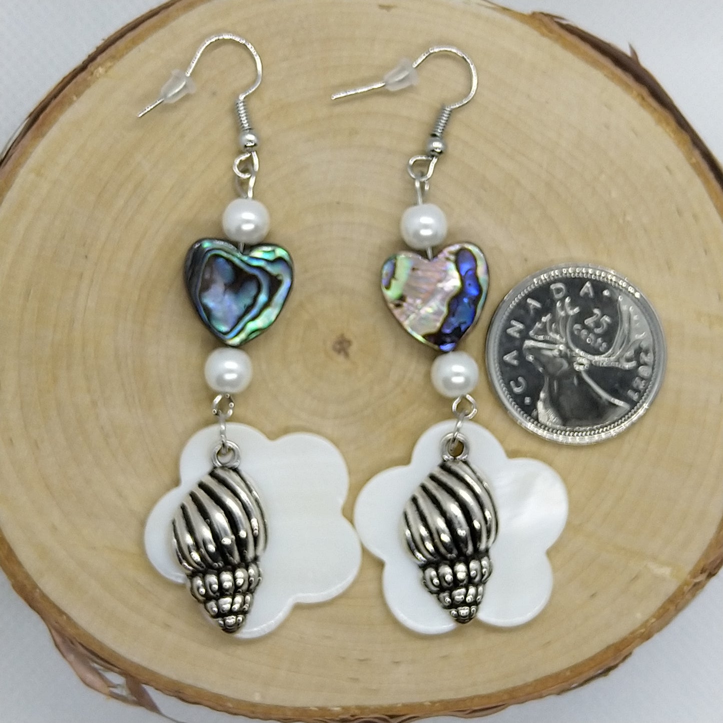 Earrings - Abalone Hearts with Flowers and Shells