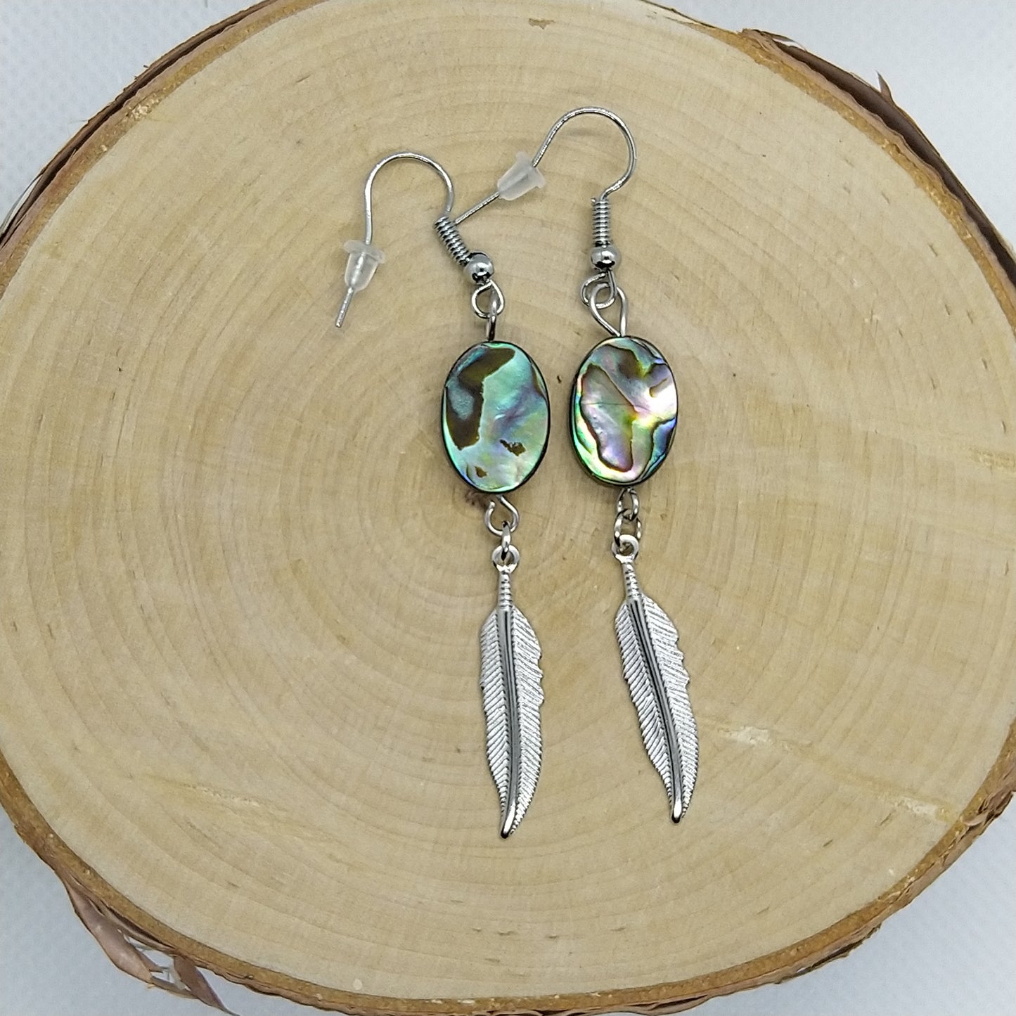 Earrings - Abalone Ovals with Feathers