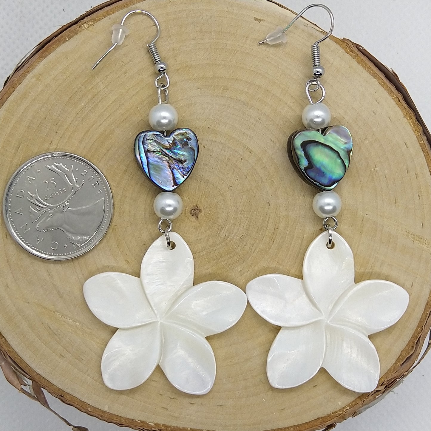 Earrings - Abalone Hearts with Mother of Pearl Flowers II