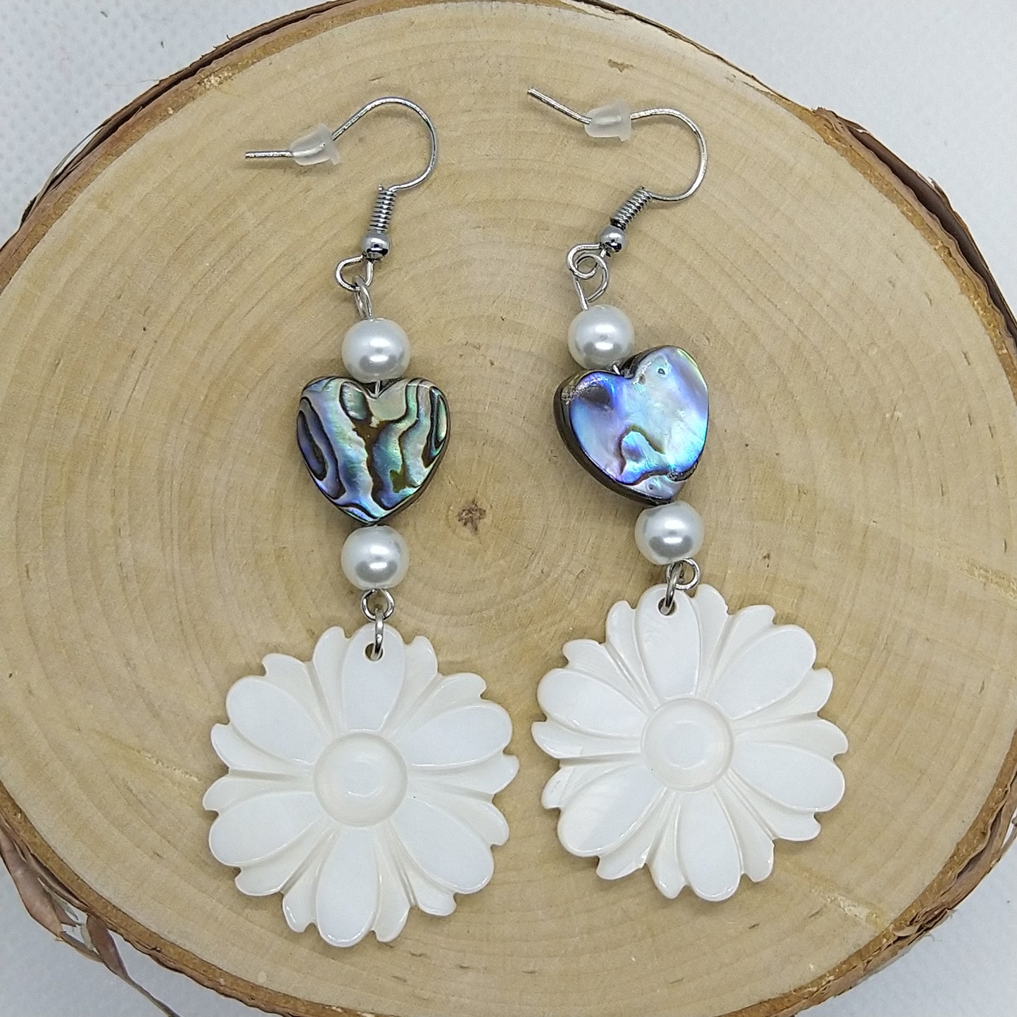 Earrings - Abalone Hearts with Mother of Pearl Flowers III