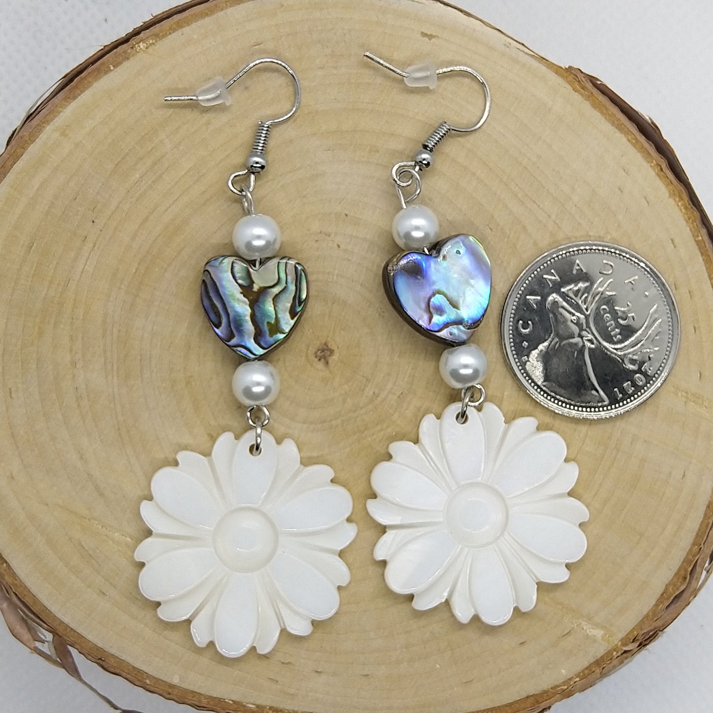 Earrings - Abalone Hearts with Mother of Pearl Flowers III