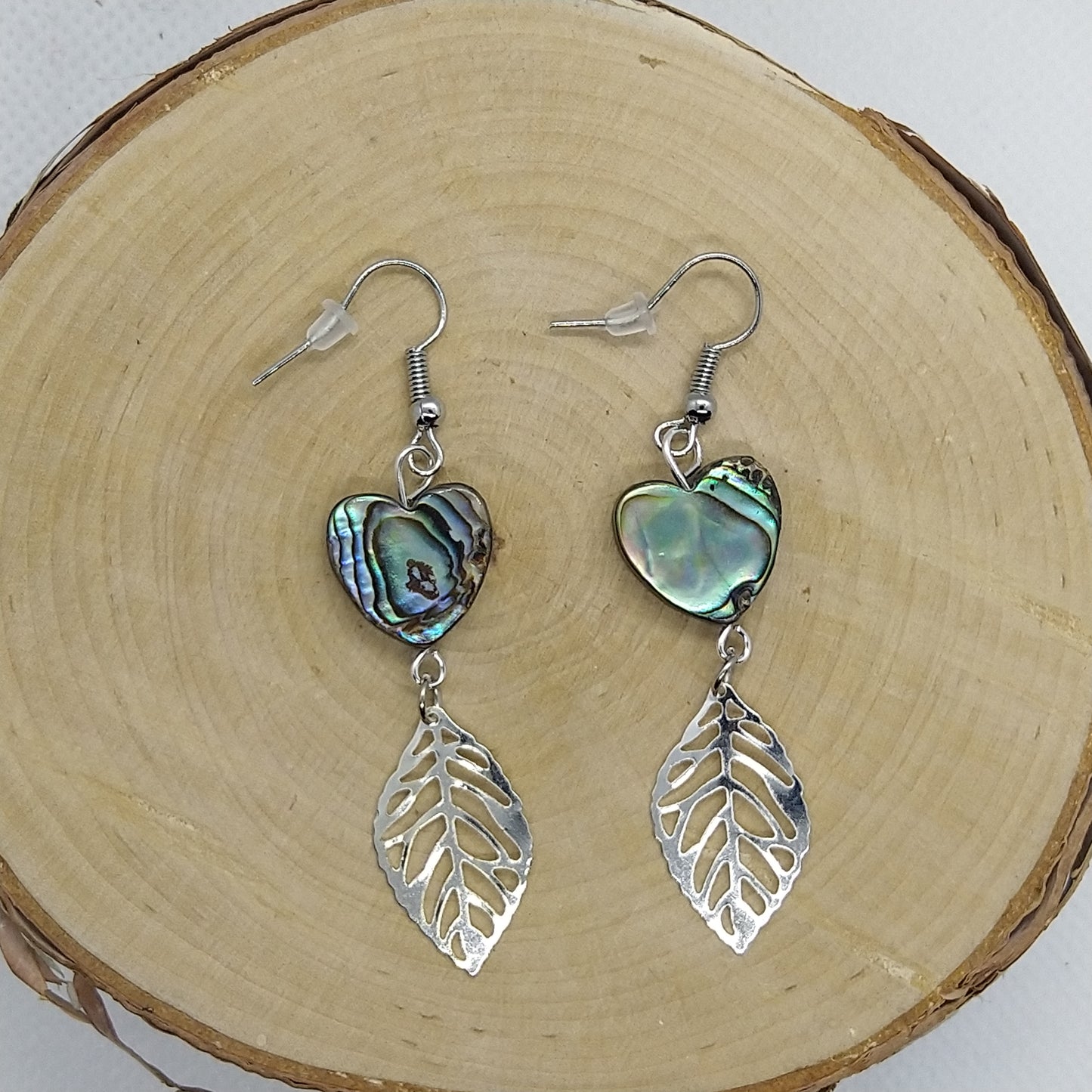 Earrings - Abalone Hearts with Leaves