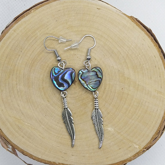 Earrings - Abalone Hearts with Feathers