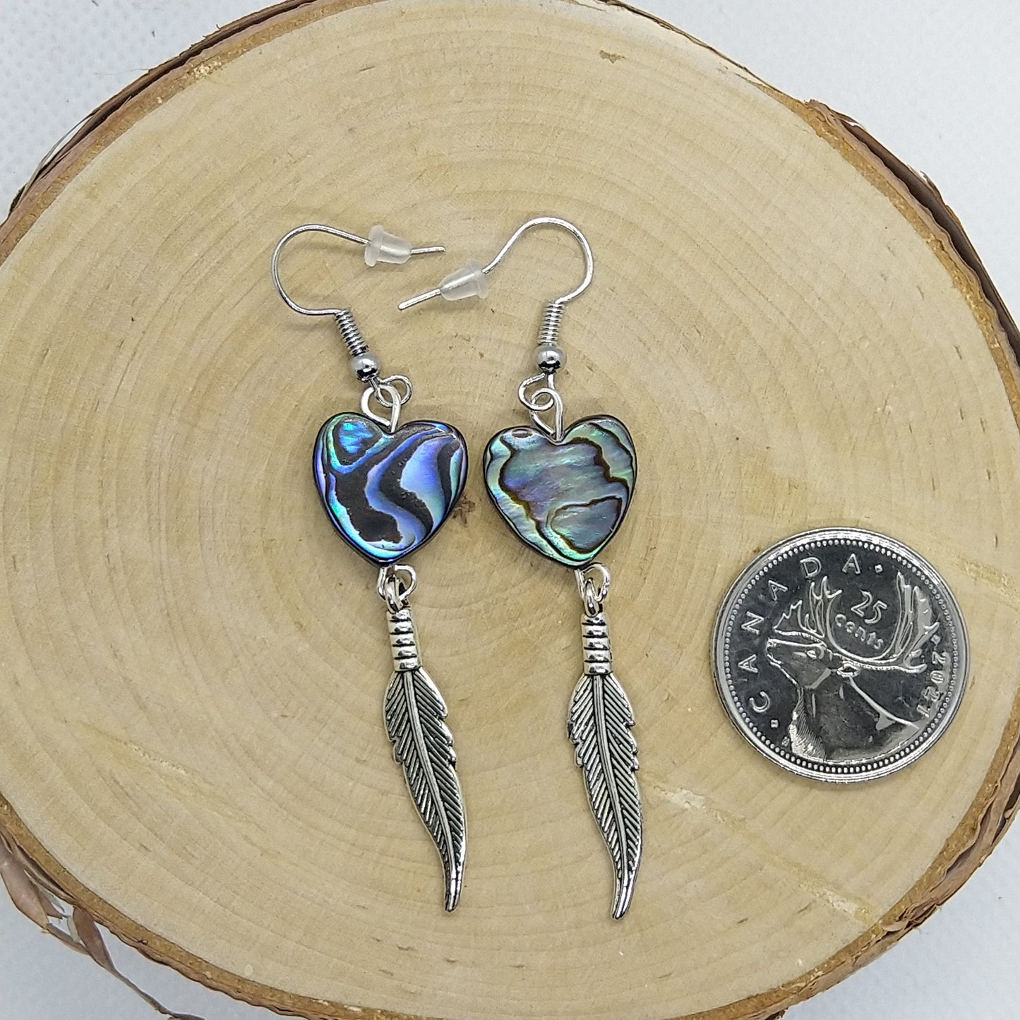 Earrings - Abalone Hearts with Feathers