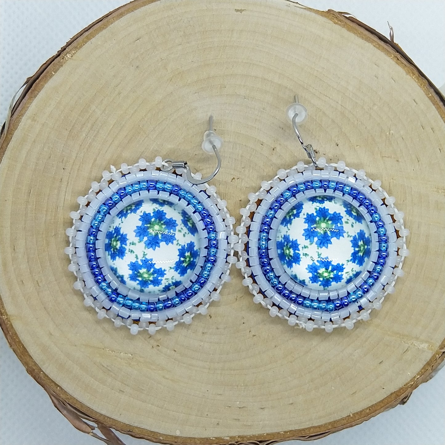 Earrings - Blue and Green Flowers