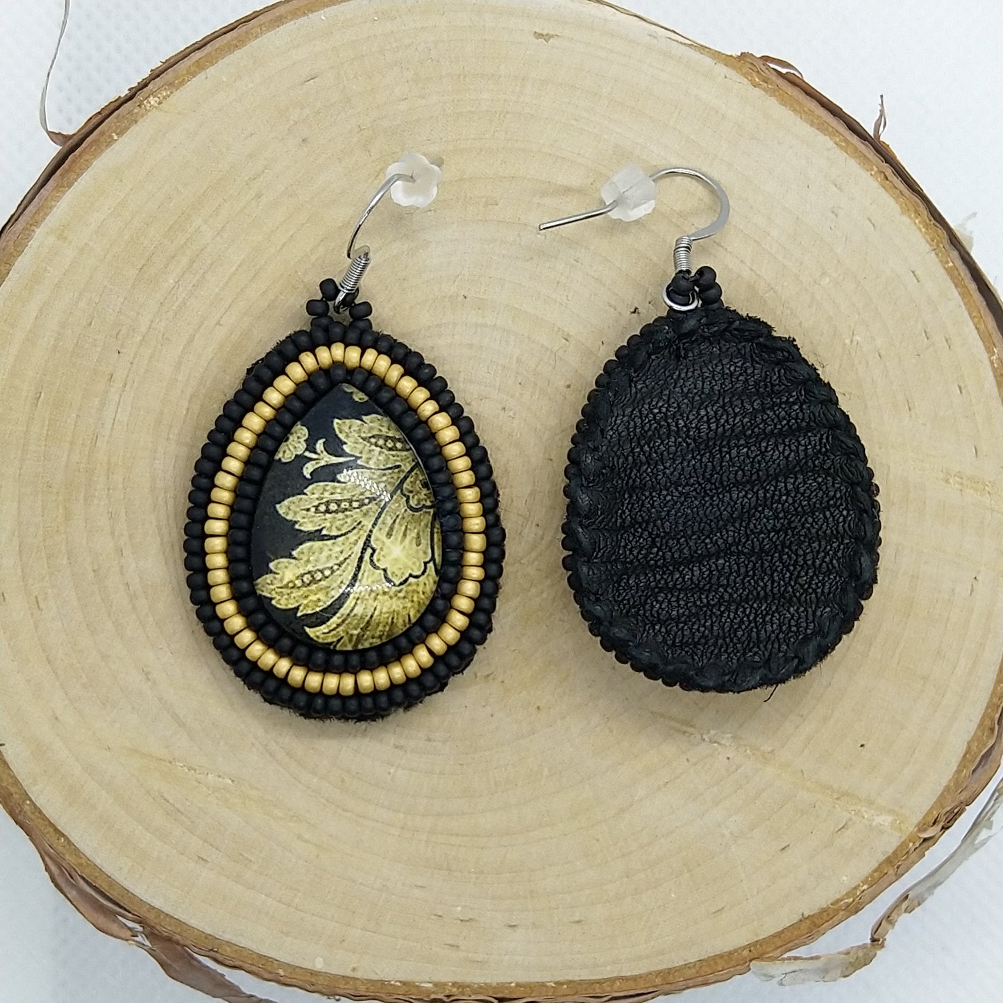 Earrings - Black and Gold Leaves