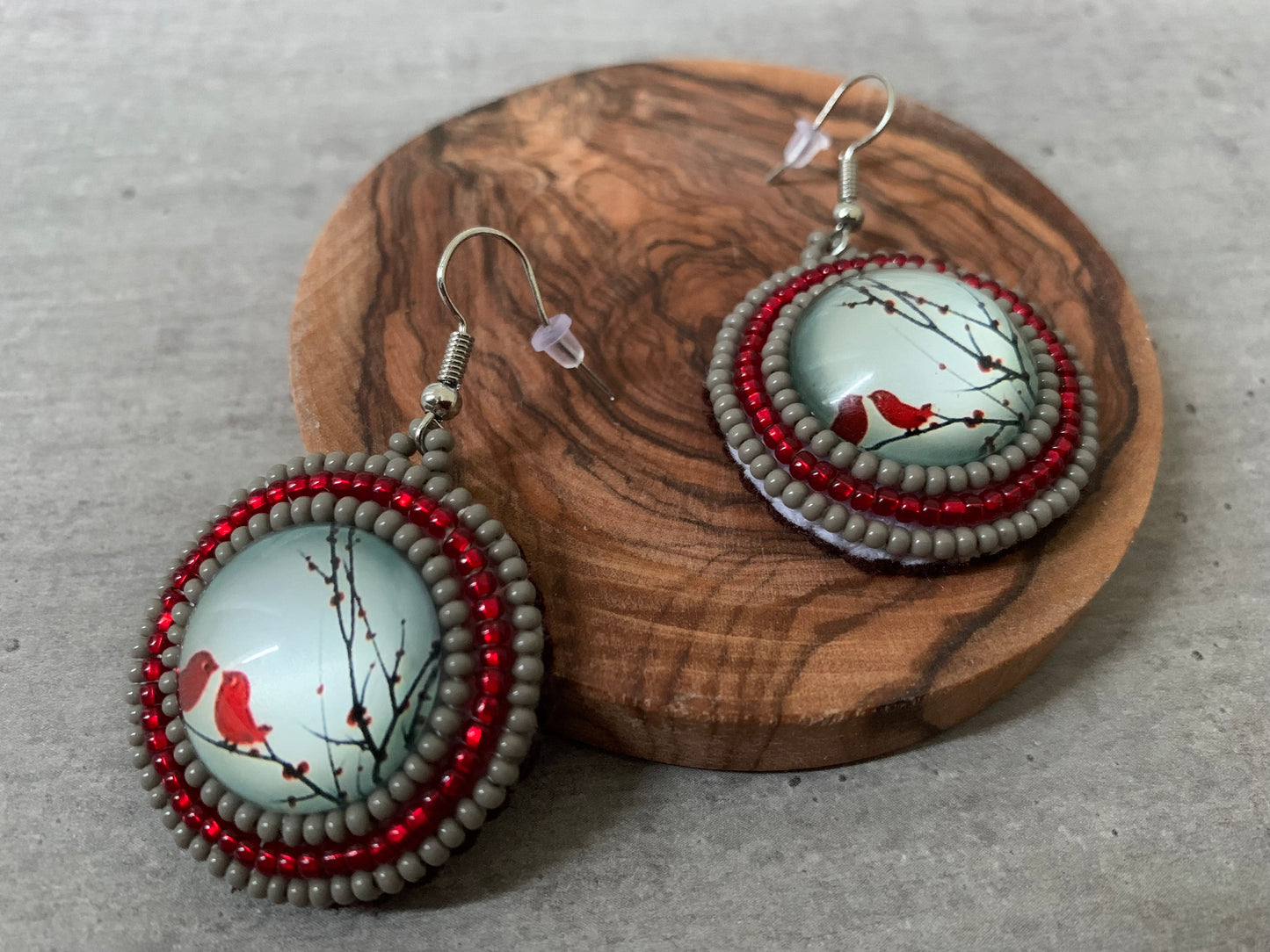 Earrings - Red Birds - tinartist - beaded jewelry