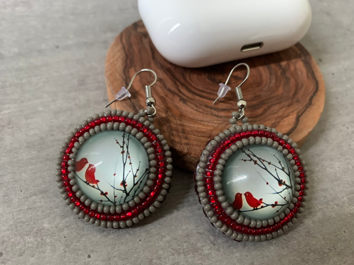 Earrings - Red Birds - tinartist - beaded jewelry